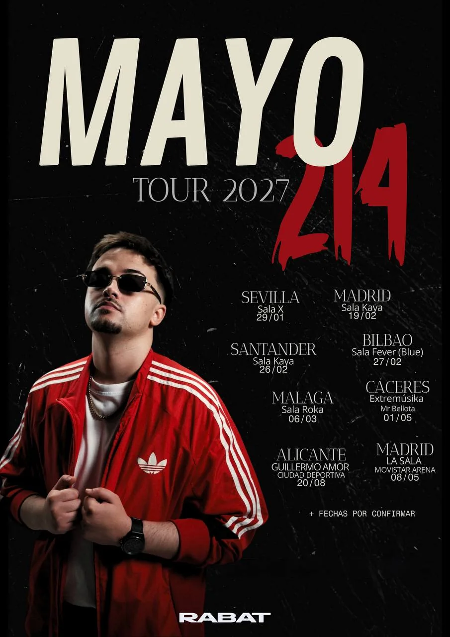 Cartel oficial del Mayo 214 Tour 2027: Sevilla, Madrid, Santander, Bilbao, Málaga, Cáceres, Madrid y Alicante